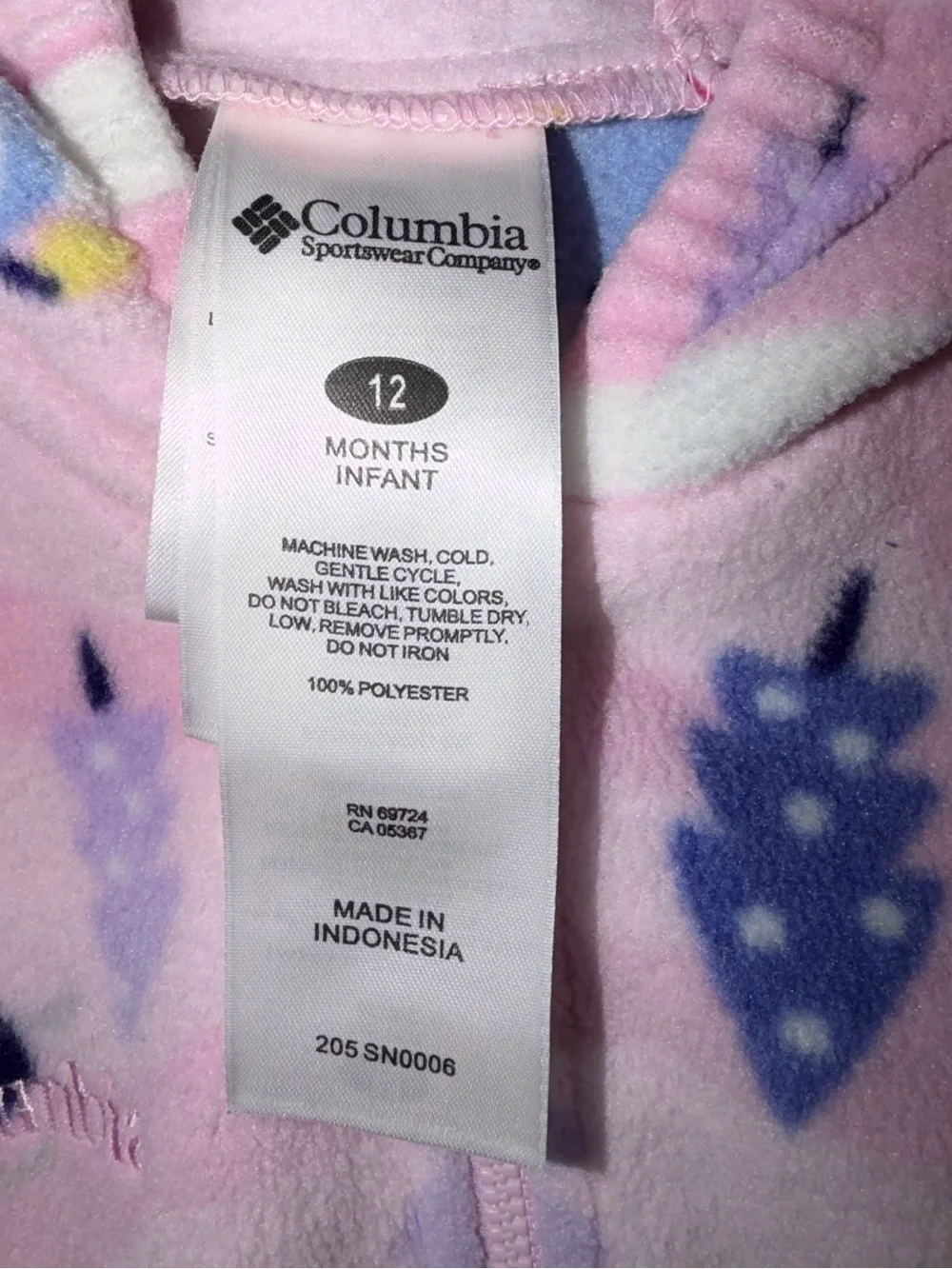 Columbia brand pink fleece hooded bunting penguin tree pattern 12 Months
